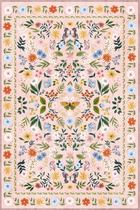 Jojoka - Vintage Botanical Washable Rug Floral Print Non-Slip Non Shedding Low Pile Carpet for Living Room Dining Room Bedroom - Pink