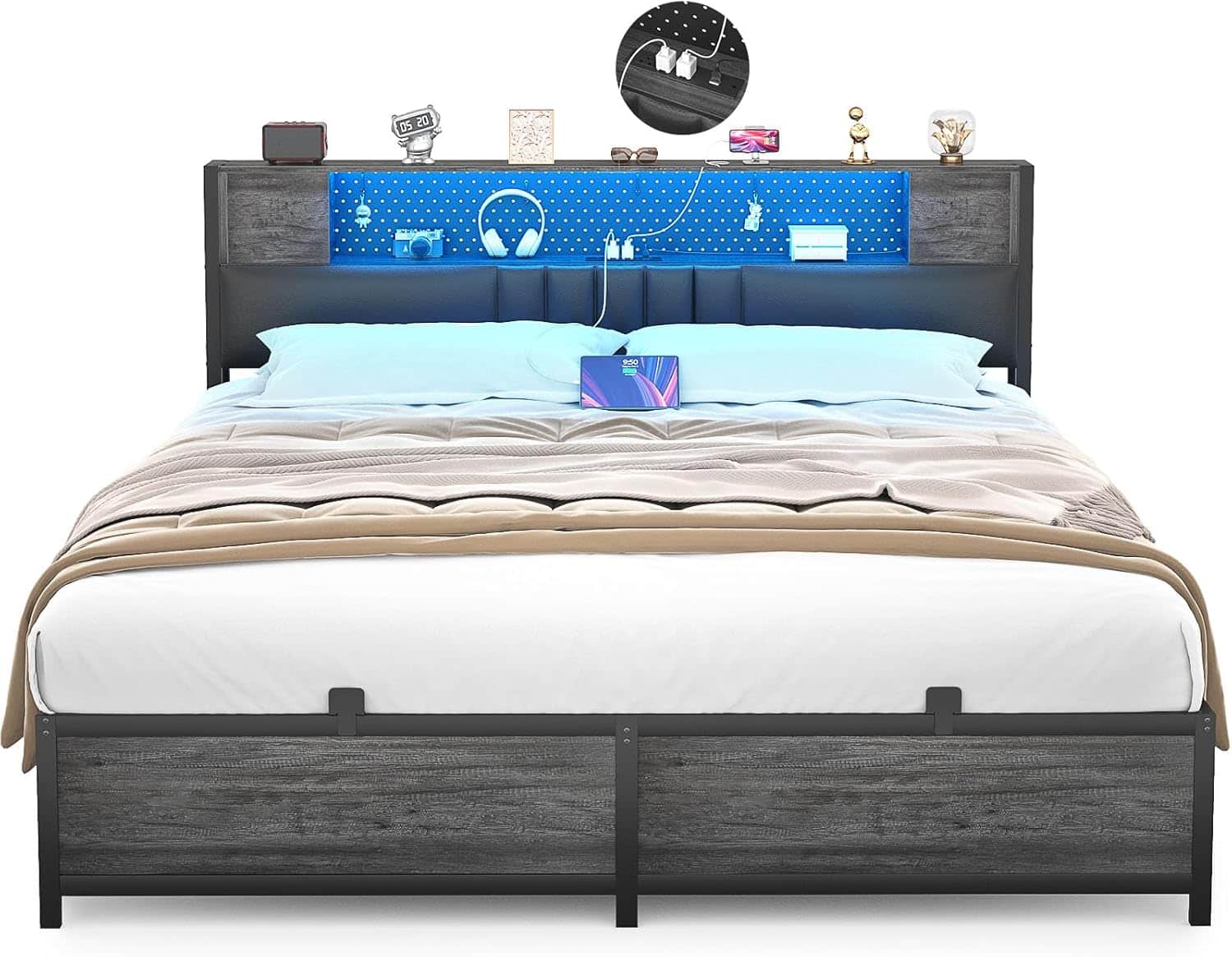 Aheaplus - Modern Bed Frame: Power Outlet & LED Lights, Headboard Storage, Quiet Support - Black Oak