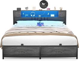 Aheaplus - Modern Bed Frame: Power Outlet & LED Lights, Headboard Storage, Quiet Support - Black Oak