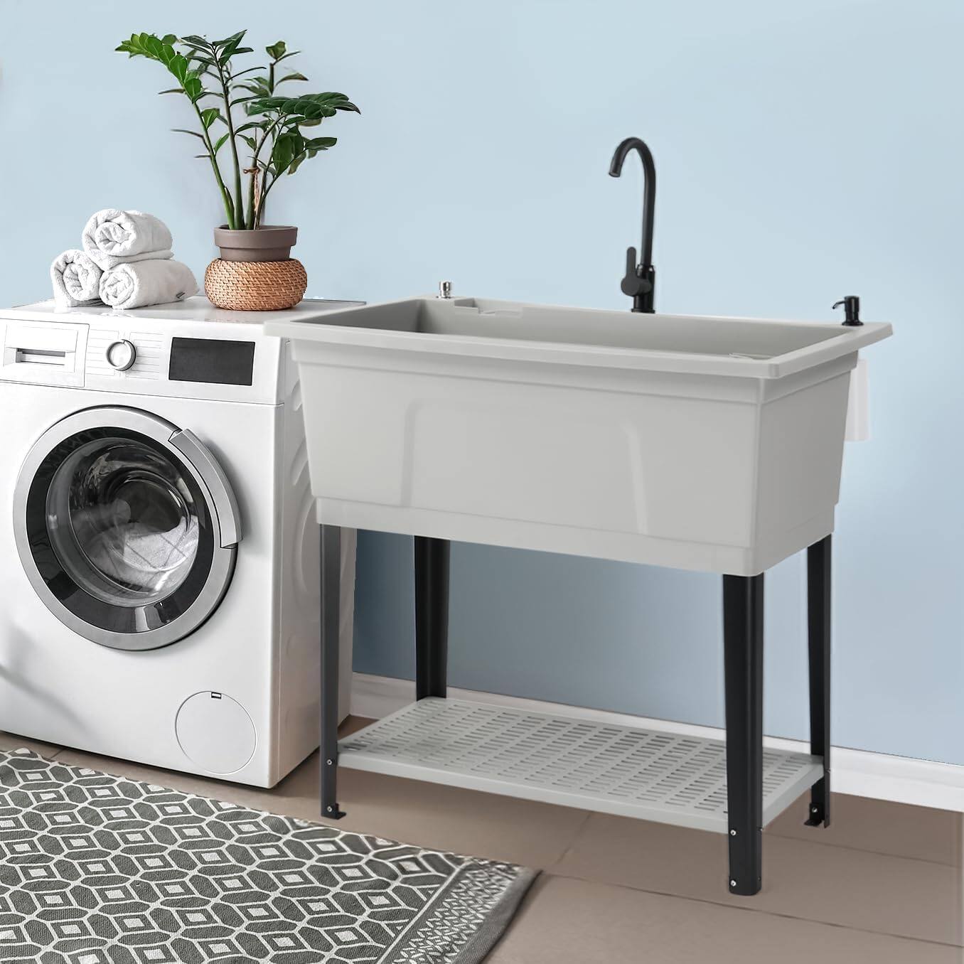 Left. Winado - 37-Gallon Freestanding Utility Sink 36" Heightened Basin with Faucet for Home, Laundry, Garage, Outdoor Garden, Pet Wash - Gray.