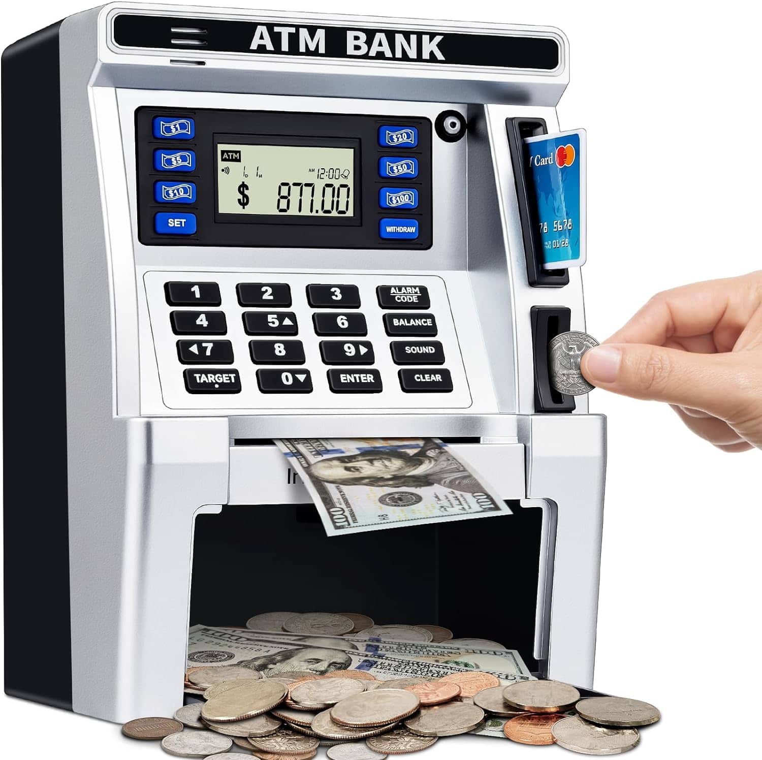 ATM BANK
ATM
$ 877.00
1 2 3
4 5 6
7 8 9
0 ENTER
TARGET
ALARM CODE
BALANCE
SOUND
CLEAR
WITHDRAW
$20
$30
$50
$100
SET
Card
76 5678
04/28