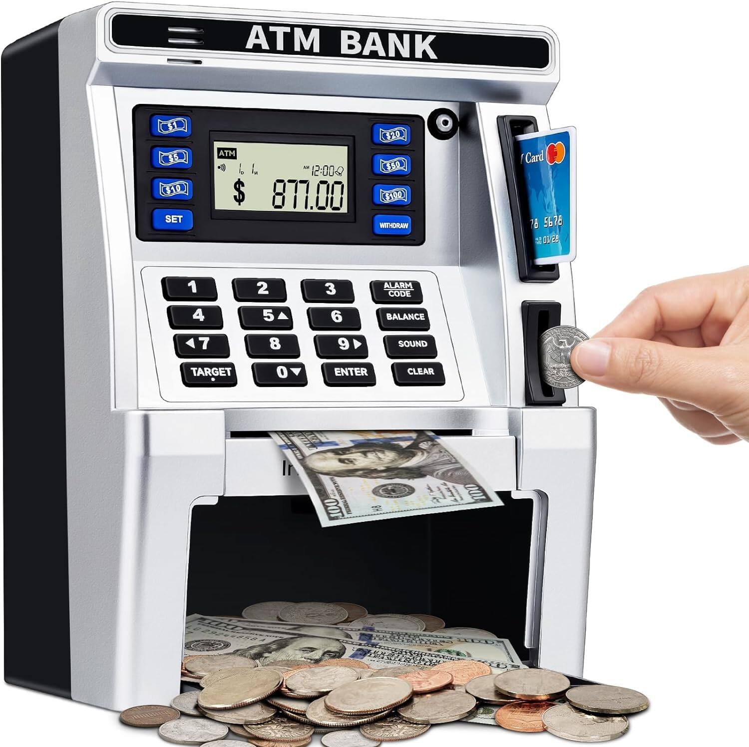 ATM BANK
ATM
$ 877.00
1 2 3
4 5 6
7 8 9
0 ENTER
TARGET
ALARM CODE
BALANCE
SOUND
CLEAR
WITHDRAW
$20
$30
$50
$100
SET
Card
76 5678
04/28