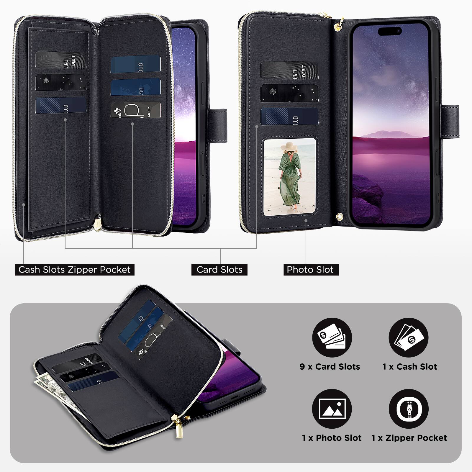 DTE DEBIT BYC

110 DERIT OT NTE

Cash Slots Zipper Pocket
Card Slots
Photo Slot

9 x Card Slots
1 x Cash Slot
1 x Photo Slot
1 x Zipper Pocket