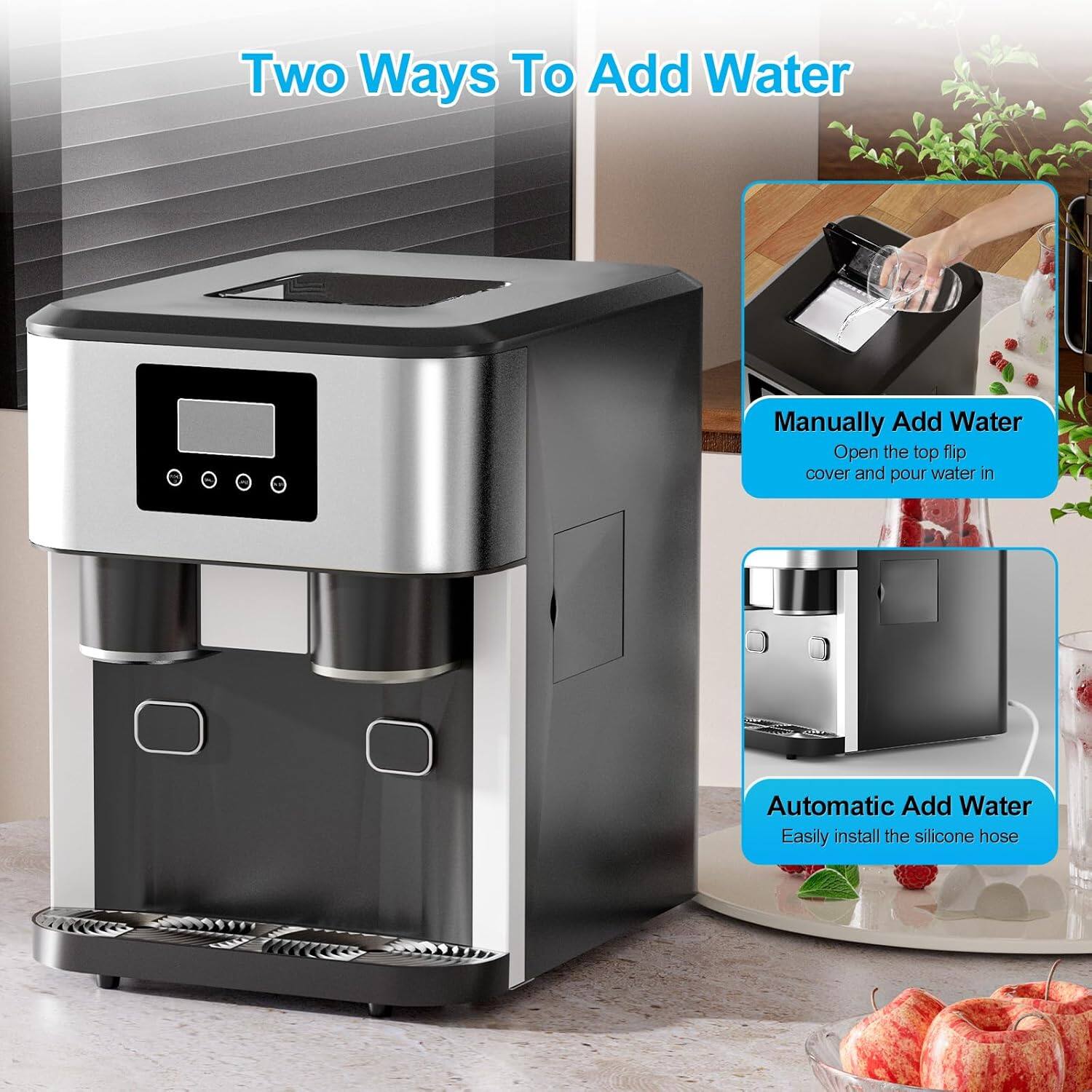 Two Ways To Add Water

Manually Add Water
Open the top flip cover and pour water in

Automatic Add Water
Easily install the silicone hose