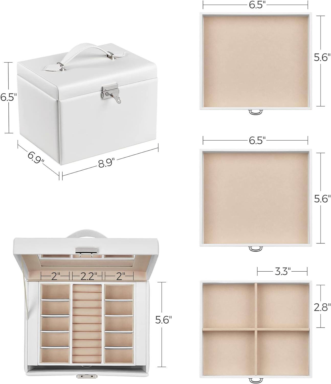 - 6.5" (height of the box)
- 6.9" (width of the box)
- 8.9" (depth of the box)
- 5.6" (height of the interior)
- 2" (depth of the drawer)
- 2.2" (width of the drawer)
- 2" (height of the drawer)
- 3.3" (height of the shelf)
- 2.8" (height of the shelf)