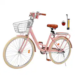 Topteng - 26" Beach Cruiser Bike for Men/Women with Cup Holder, High Carbon Steel Frame, Dual Brakes, Rear Rack and Basket - Pink