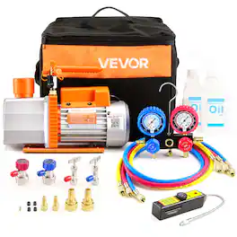 VEVOR - AC Vacuum Pump and Gauge Set, 7 CFM 3/4 HP, Two Stage Rotary Vane HVAC Vacuum Pump, A/C Manifold Gauge Kit - Orange;Silver