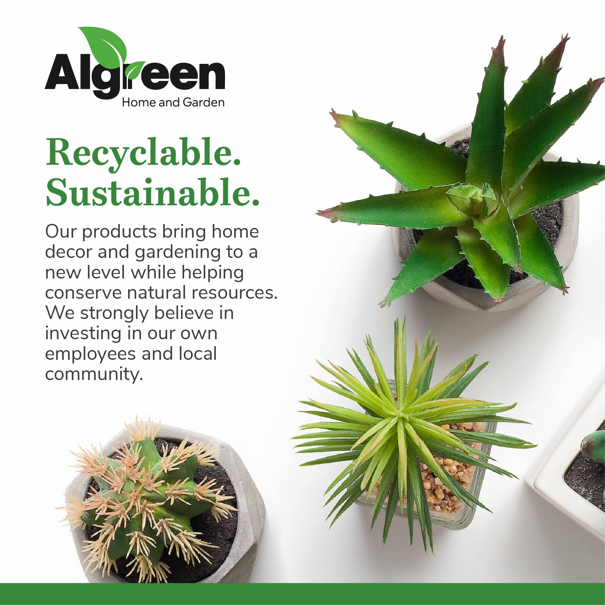 Algreen Home and Garden

Recyclable. Sustainable.

Our products bring home decor and gardening to a new level while helping conserve natural resources. We strongly believe in investing in our own employees and local community.
