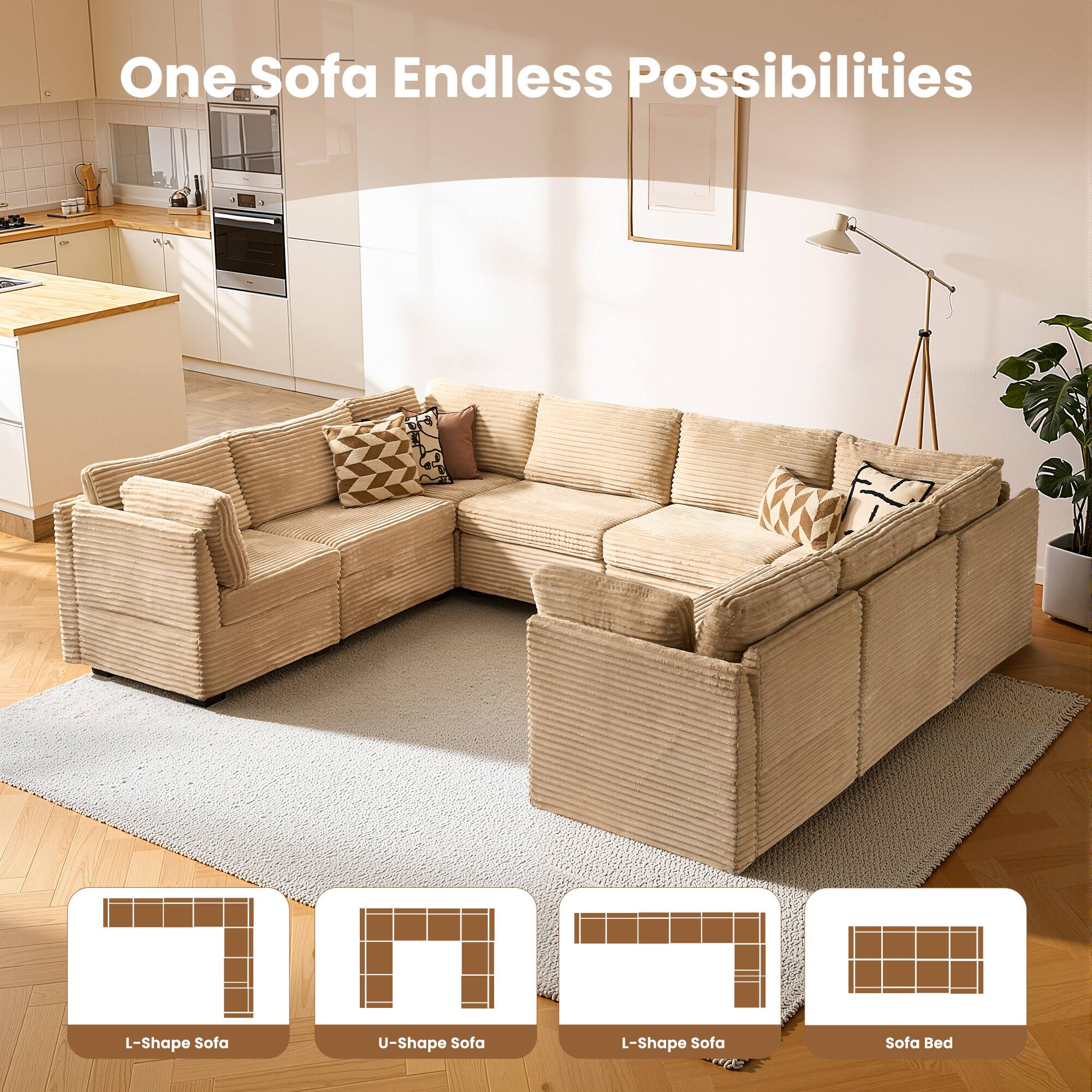 Ovios - 8 Seater Modular Sectional Sofa, Oversized U Shaped Couch with Deep Seat for Living Room - Beige - Thumbnail 4