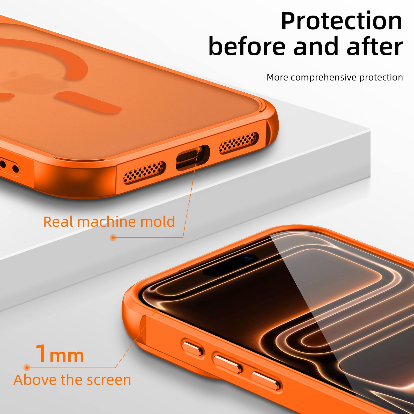 Protection before and after  
More comprehensive protection  
Real machine mold  
1 mm Above the screen