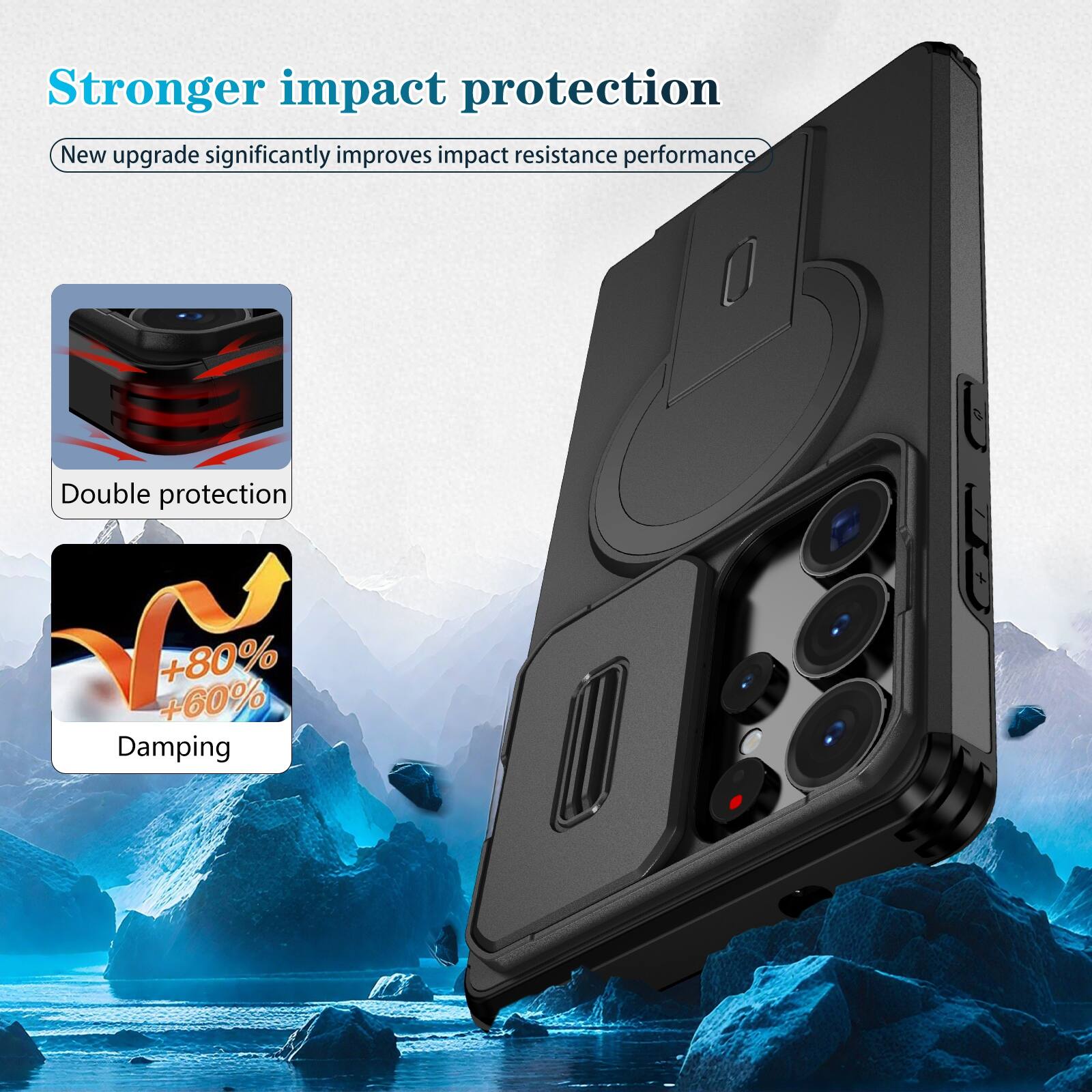 Stronger impact protection  
New upgrade significantly improves impact resistance performance  
Double protection  
+80% +60% Damping