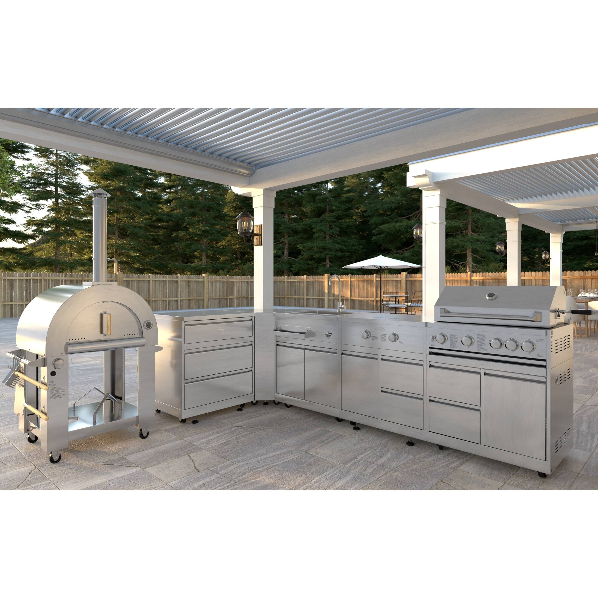 Left. Koolmore - Outdoor Kitchen with Dual Fuel Pizza Oven, 3 Drawer Cabinet, Corner Cabinet, Sink, Side Burner, 30 in. Grill and Cabinet - Stainless Steel.