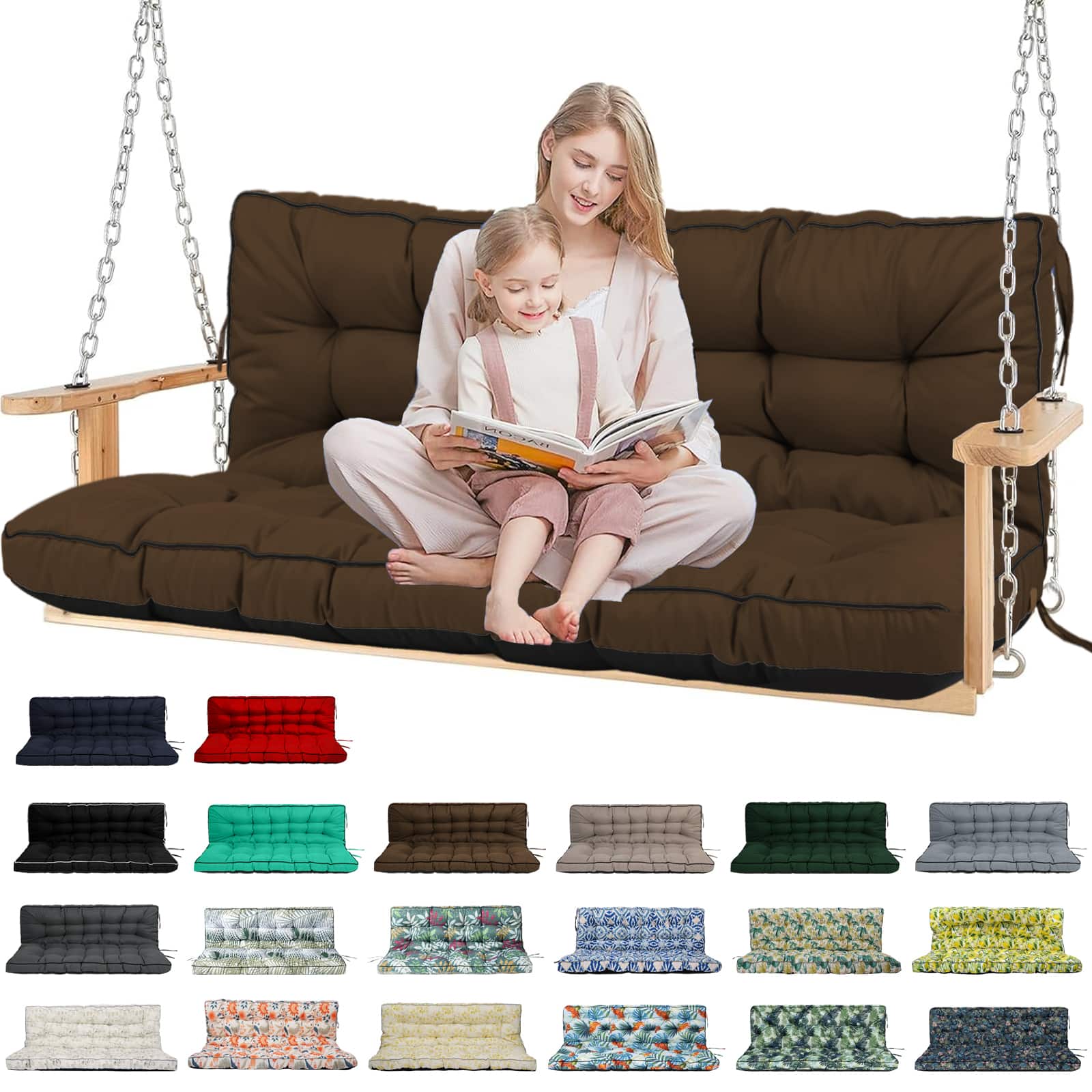 Chateau Abodes - Outdoor Bench Cushion for 2-3 Seater Swing, Patio Sofa & Furniture - Waterproof Replacement Seat with Backrest - Brown-40x63in