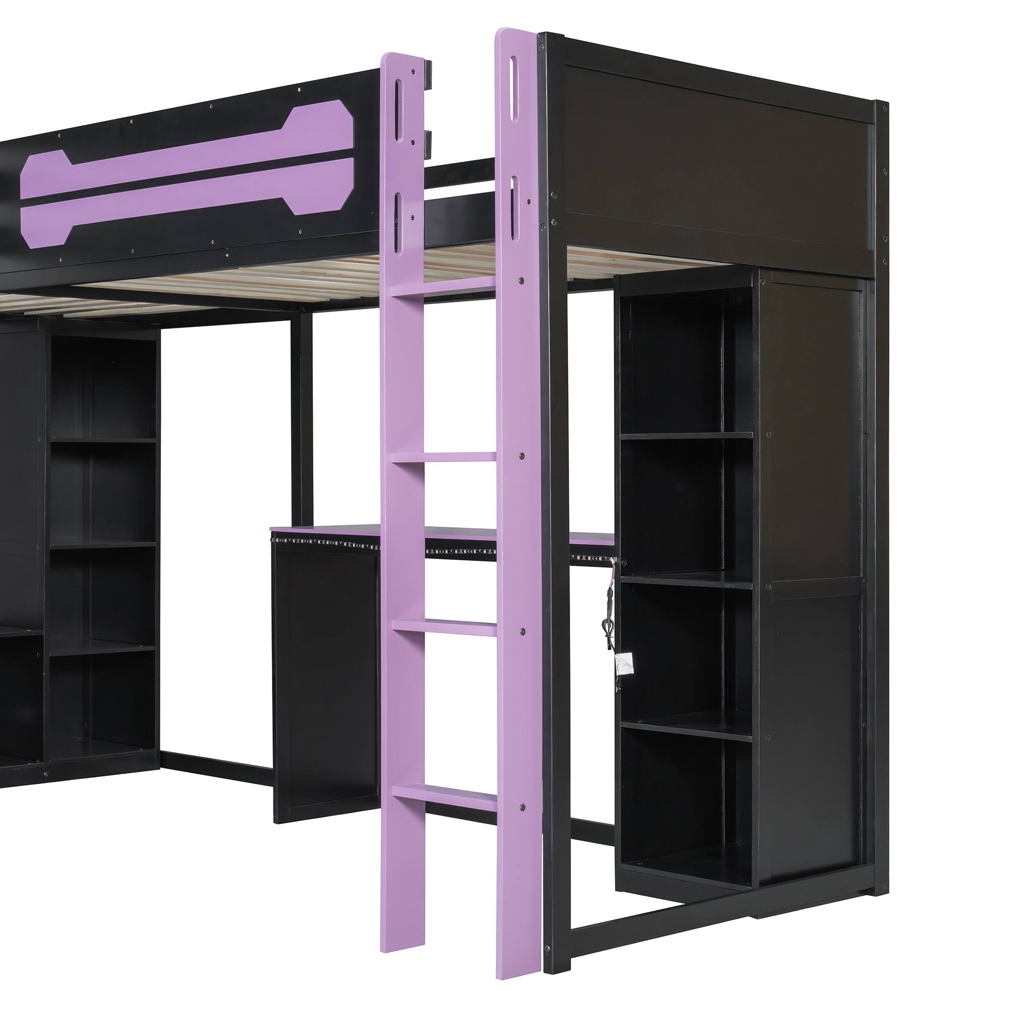 Alt View 2. Whisen - L-Shaped Twin Size Gaming Loft Bed with RGB Lights,USB Ports,TV Stand and Storage Shelves - Purple.