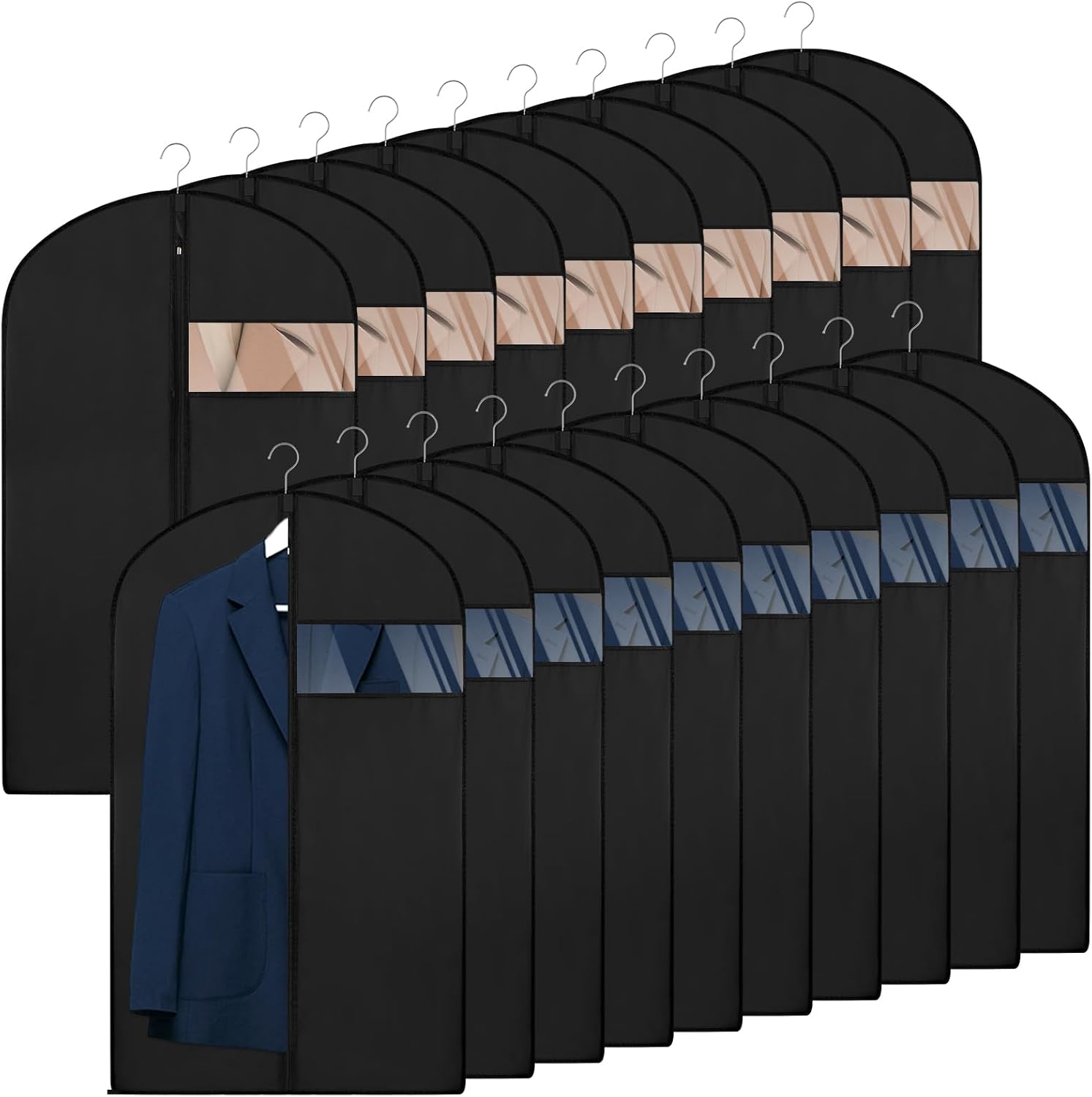Front. blue - 20 Pack Garment Bags for Hanging Clothes,Suit Bags For Closet Storage and Travel with Clear Window 40-inch - As shown in the figure.