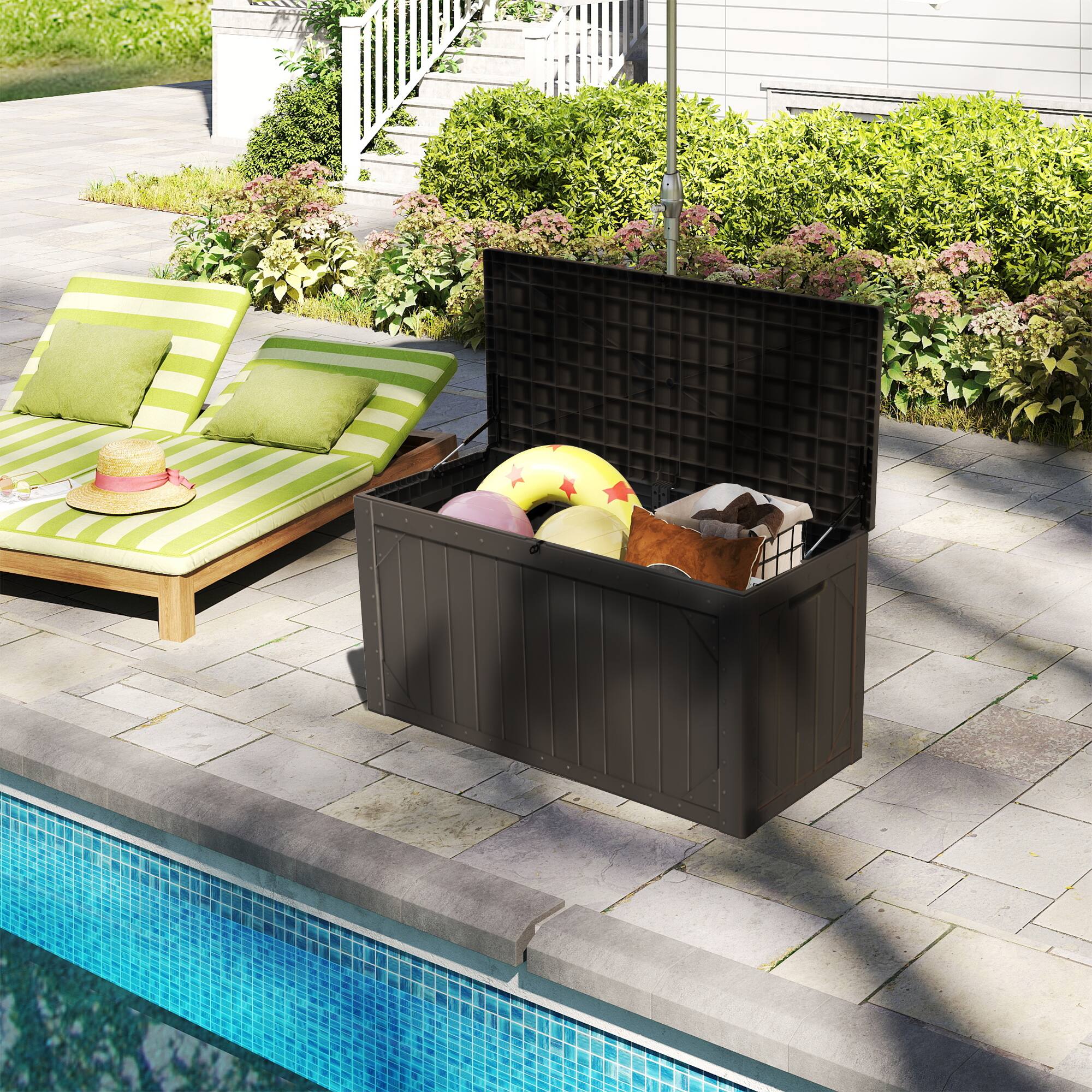 Left. Decksplore - 110-Gallon Waterproof Resin Storage Bench for Patio Furniture, Outdoor Deck Box with Lock, Garden Tools, UV Resistant - Black.