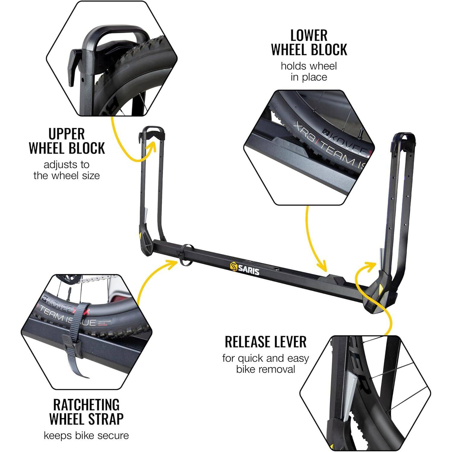LOWER WHEEL BLOCK holds wheel in place  
UPPER WHEEL BLOCK adjusts to the wheel size  
XR3 @KAVER TEAM IS SARIS TEAM CE IE UE  
RELEASE LEVER for quick and easy bike removal  
RATCHETING WHEEL STRAP keeps bike secure