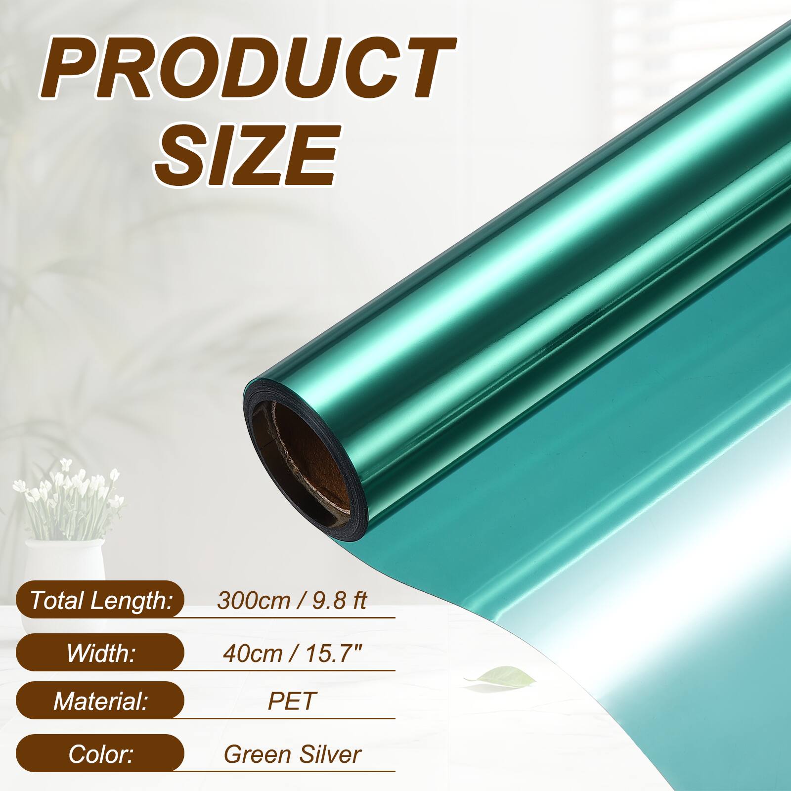 PRODUCT SIZE

Total Length: 300cm / 9.8 ft  
Width: 40cm / 15.7"  
Material: PET  
Color: Green Silver