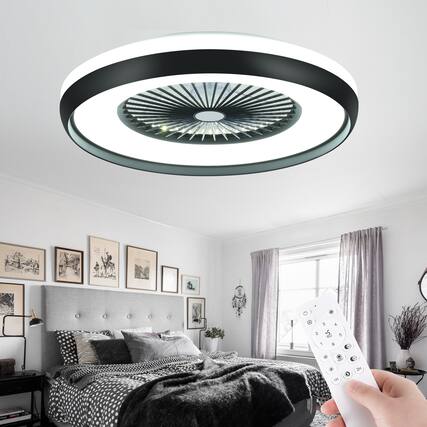 Front. Domanki - 24" Low Profile Ceiling Fan with 3-Dimmable Light, Bladeless Ceiling Fan with Remote/APP Control, for Kids Bedroom - Black.