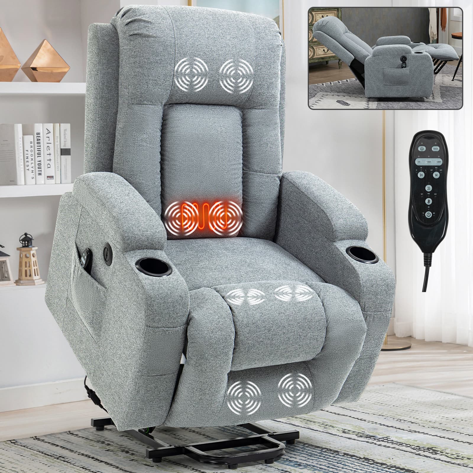LUCKY ONE - Chenille Single Motor Power Lift Recliner Chair with Massage and Heat, Infinite Position, USB, Cup Holder - Gray