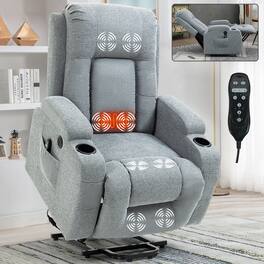 LUCKY ONE - Chenille Single Motor Power Lift Recliner Chair with Massage and Heat, Infinite Position, USB, Cup Holder - Gray