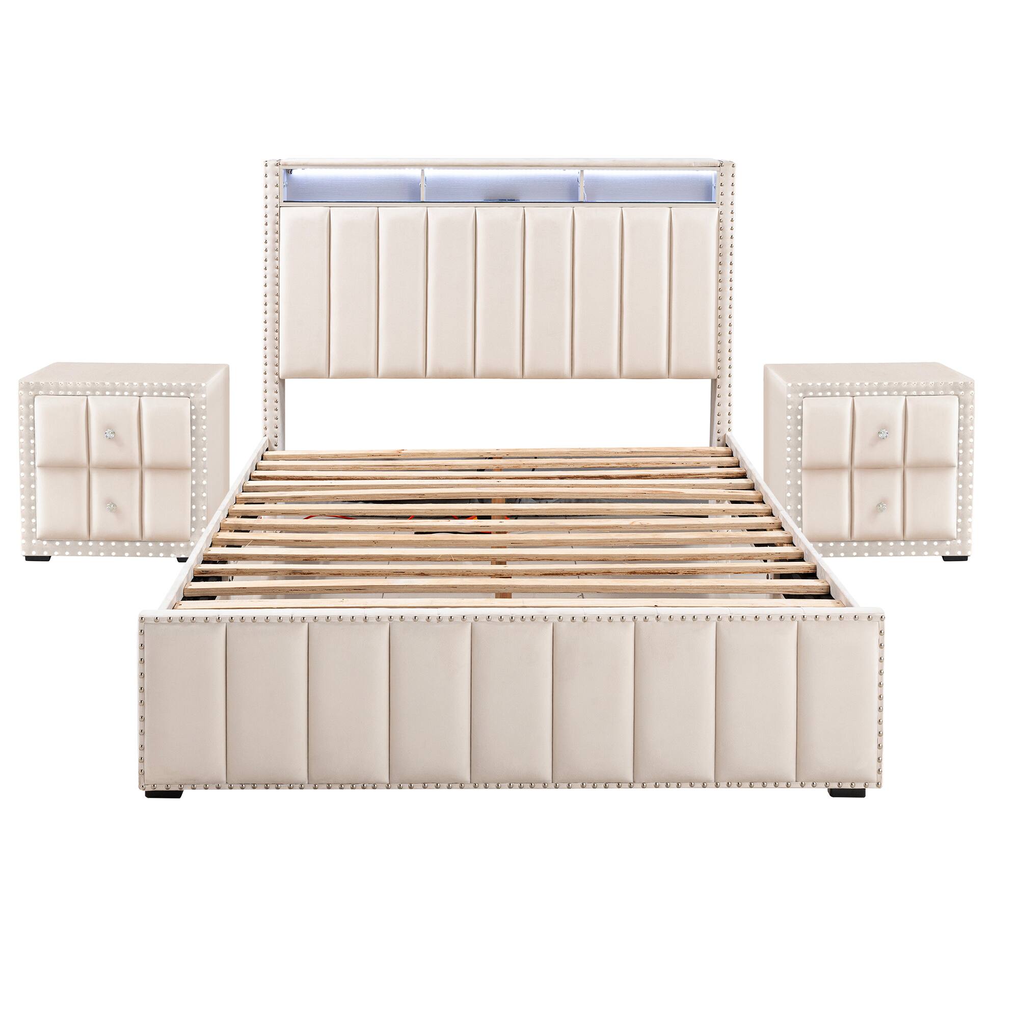 Alt View 2. Parrot Uncle - Contemporary Velvet Platform Bed With LED Lights and Nailhead Trim - Beige.