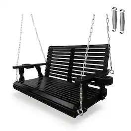 Fortune Candy - Wooden Porch Swing with Cupholder, 4 ft Outdoor Swing with Hanging Chains for Garden - Black