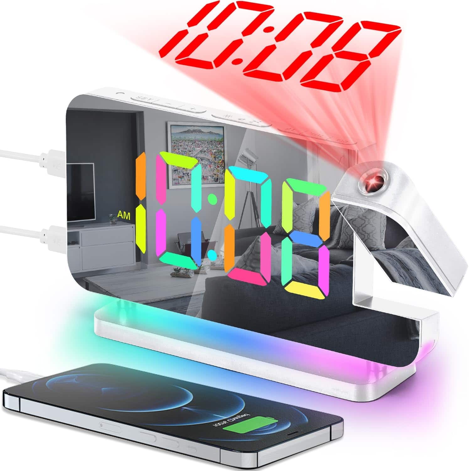 Stamp n Camp - SZELAM Projection Alarm Clock, 7.4 in Digital Mirror Clocks,with 180° Rotatable Projector, RGB Night Light,USB C Port - White