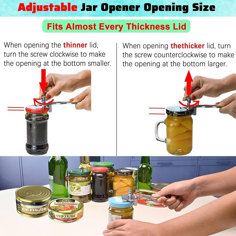 Adjustable Jar Opener Opening Size  
Fits Almost Every Thickness Lid  

When opening the thinner lid, turn the screw clockwise to make the opening at the bottom smaller.  

When opening the thicker lid, turn the screw counterclockwise to make the opening at the bottom larger.