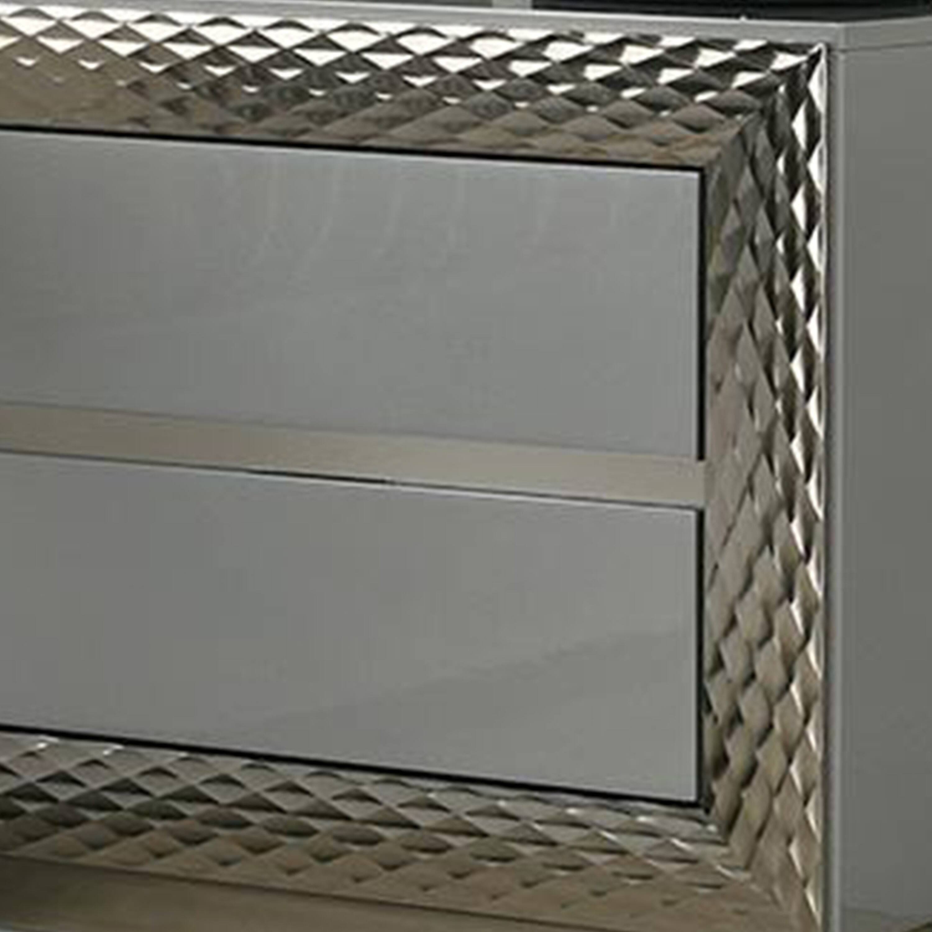 Alt View 1. Manhattan Lane - Vino 2 Drawer Nightstand, Plinth Base Gray Wood wity Silver Trim - Gray, Silver.