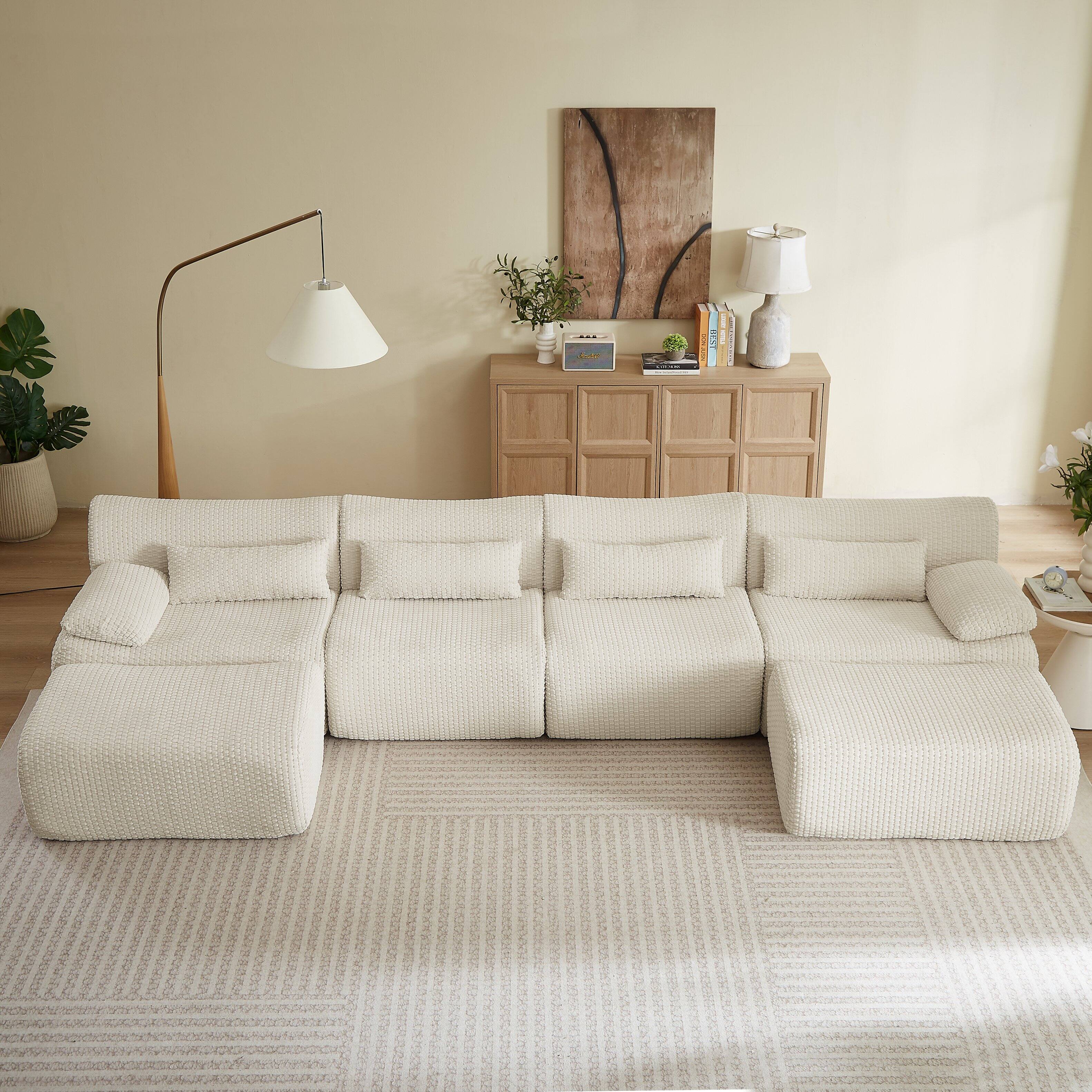 Left. Anysun - 6 Seat U-Shape Convertible Sectional Couch with Ottoman, Cloud Comfort Corduroy Fabric Sofa for Living Room - Cream.