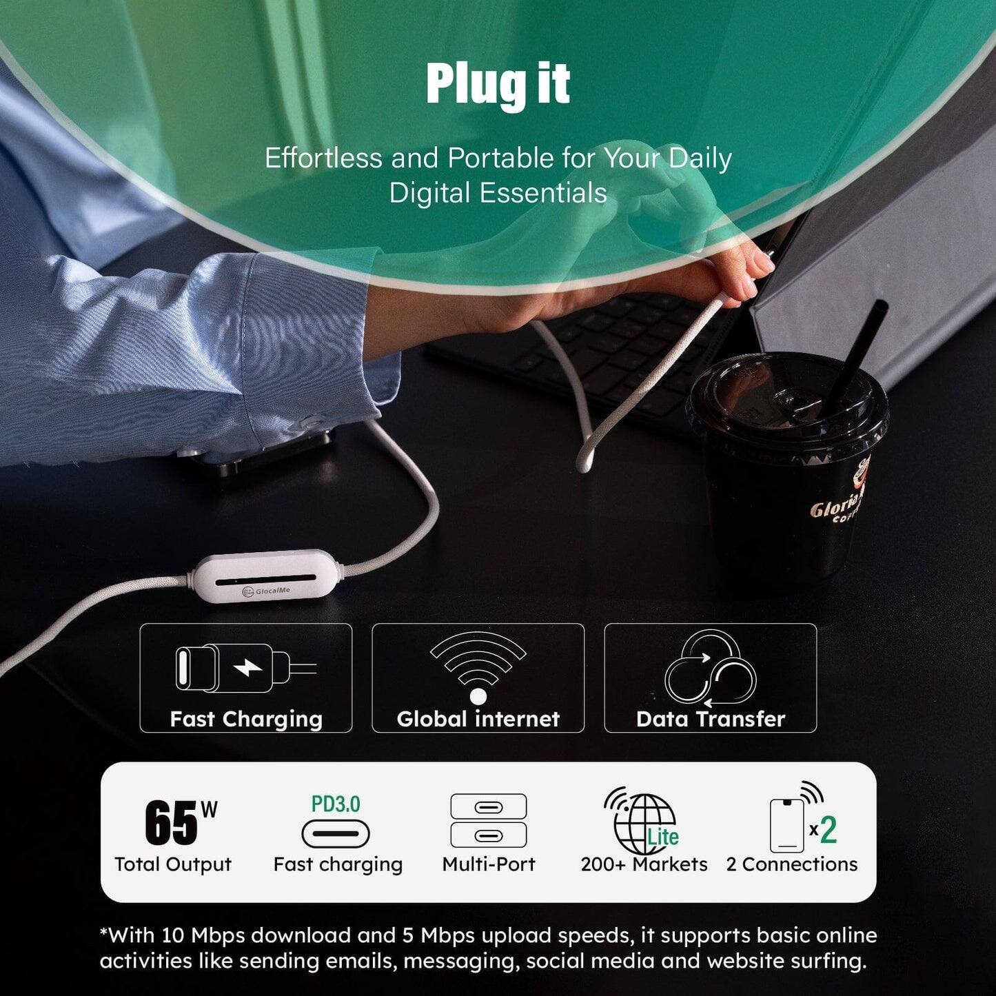 Plug it  
Effortless and Portable for Your Daily Digital Essentials  

Glork StecalMe Fast Charging Global Internet Data Transfer  

65W Total Output  
PD3.0 Fast Charging  
Multi-Port  
Lite x 2  
200+ Markets  
2 Connections  

*With 10 Mbps download and 5 Mbps upload speeds, it supports basic online activities like sending emails, messaging, social media, and website surfing.