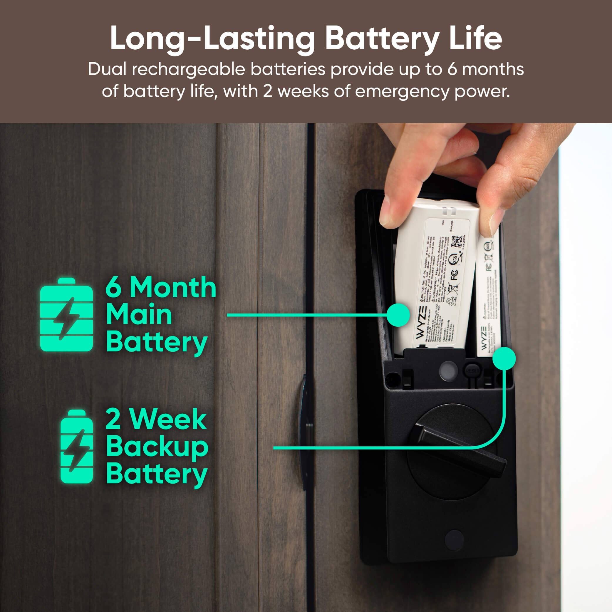 Long-Lasting Battery Life

Dual rechargeable batteries provide up to 6 months of battery life, with 2 weeks of emergency power.

6 Month Main Battery

2 Week Backup Battery