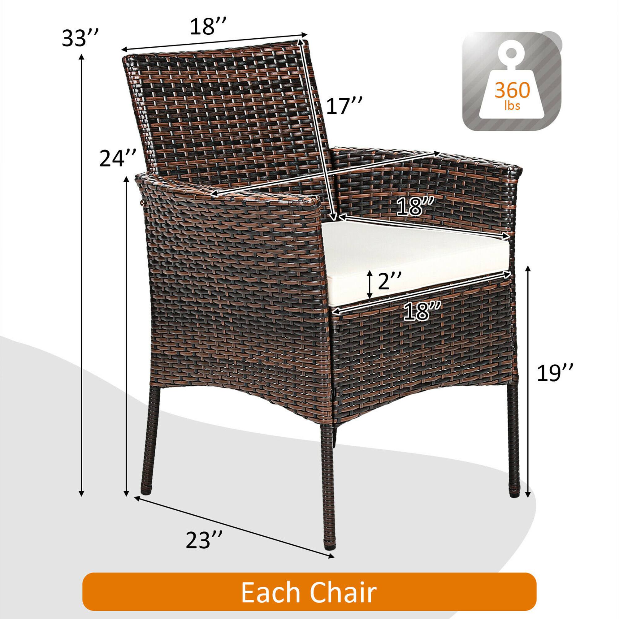 Each Chair

- Height: 33"
- Width: 24"
- Depth: 23"
- Seat Height: 18"
- Seat Depth: 18"
- Back Height: 18"
- Back Width: 17"
- Armrest Height: 18"
- Armrest Width: 19"
- Weight Capacity: 360 lbs