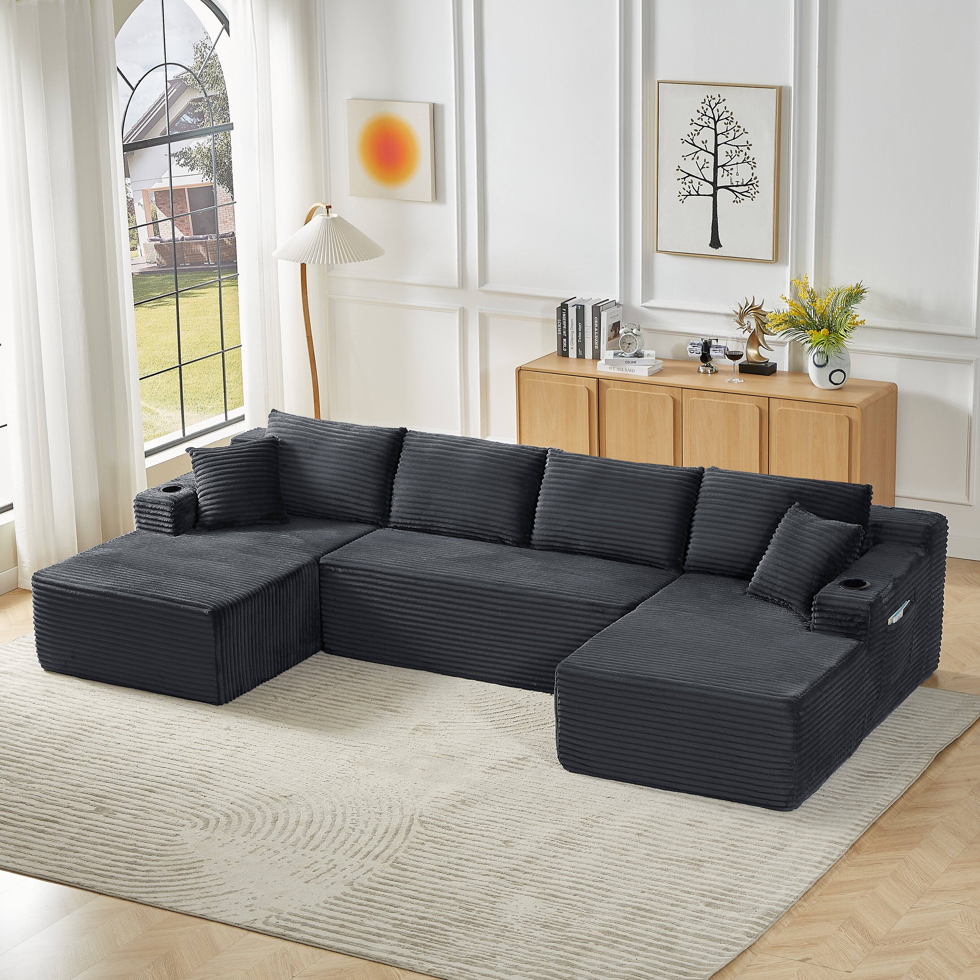 Alt View 1. Aukfa - U-Shaped Sectional Sofa Set - Minimalist Modular Design, Corduroy Cloud Couch for Living Room - Dark Gray.