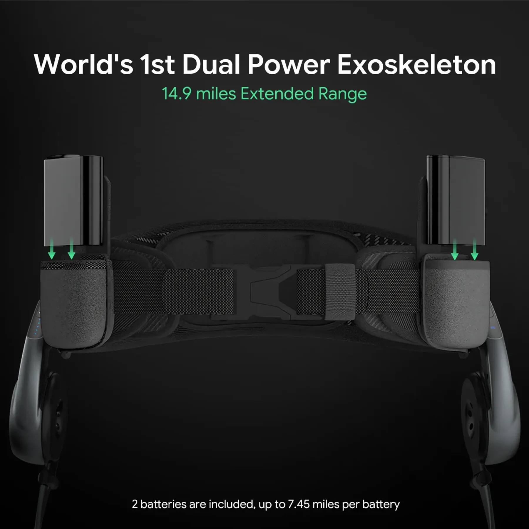 World's 1st Dual Power Exoskeleton  
14.9 miles Extended Range  

2 batteries are included, up to 7.45 miles per battery