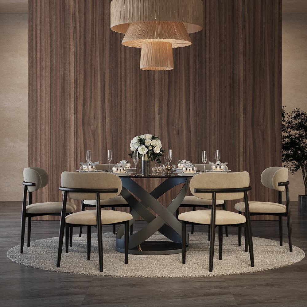 Left. POVISON - 59" Modern Round Glass Dining Table for 6, Smoked Gray Tempered Glass Tabletop with Black X Carbon Steel Base - Smoked Gray Tempered Glass with Black.