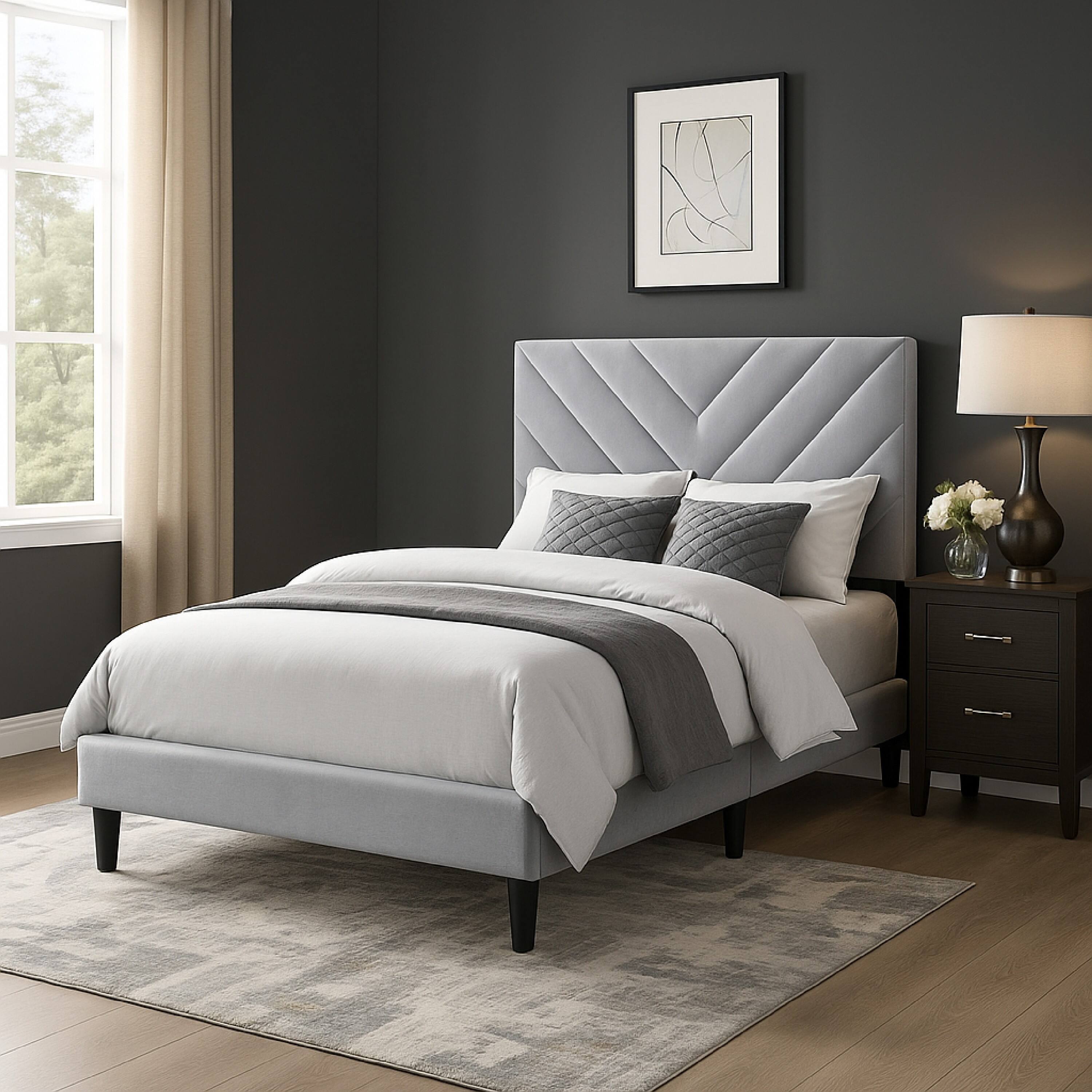 Alt View 5. Manhattan Lane - Lilian Full Size Bed, Tufted Gray Velvet Upholstery, Chevron Stitch - Gray, Black.