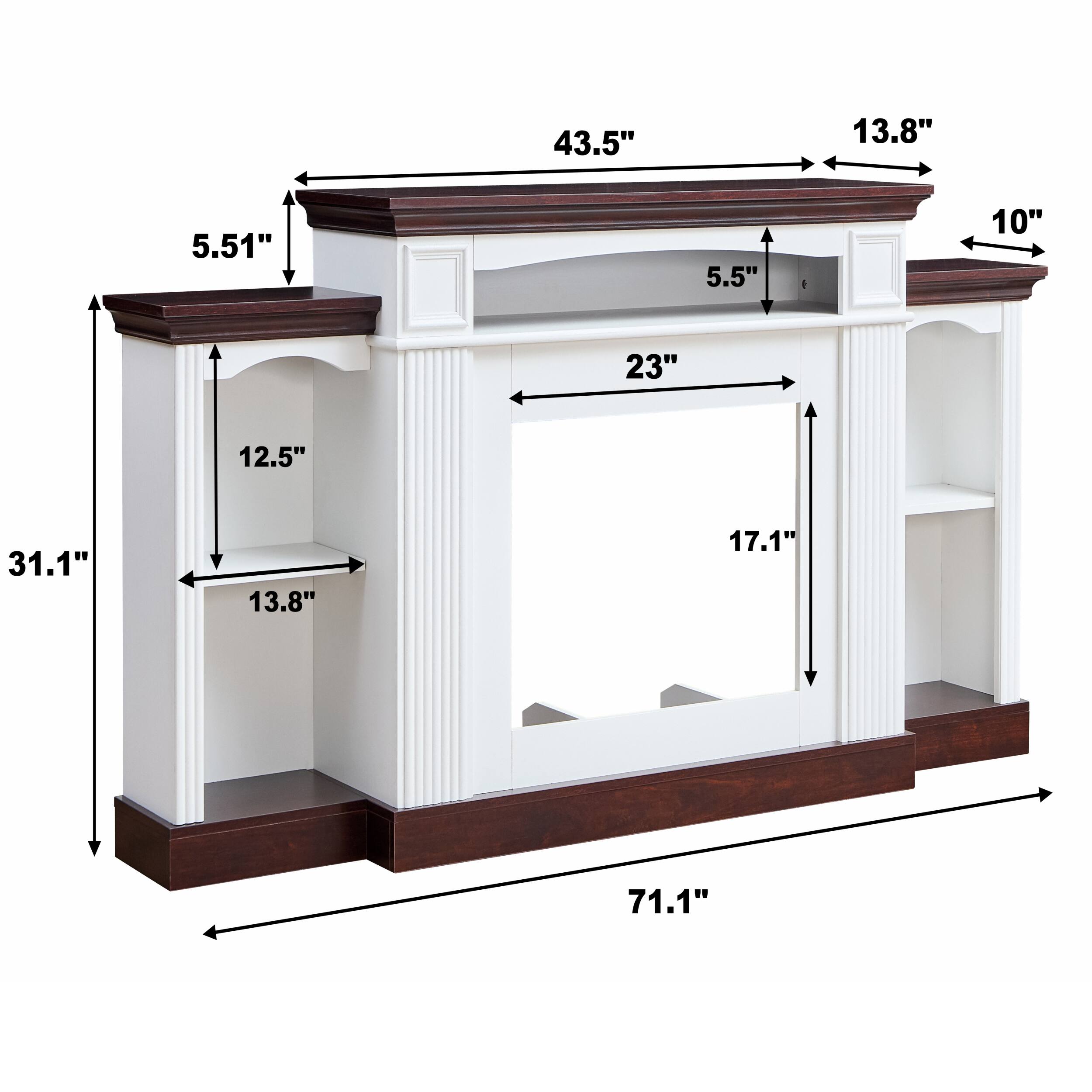 43.5"  
13.8"  
5.51"  
5.5"  
10"  
23"  
12.5"  
31.1"  
17.1"  
71.1"