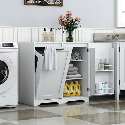 Front. ELEMENT ACE - Freestanding Laundry Cabinet with Adjustable Shelves and Tilt-Out Hamper for Organized Storage - White.