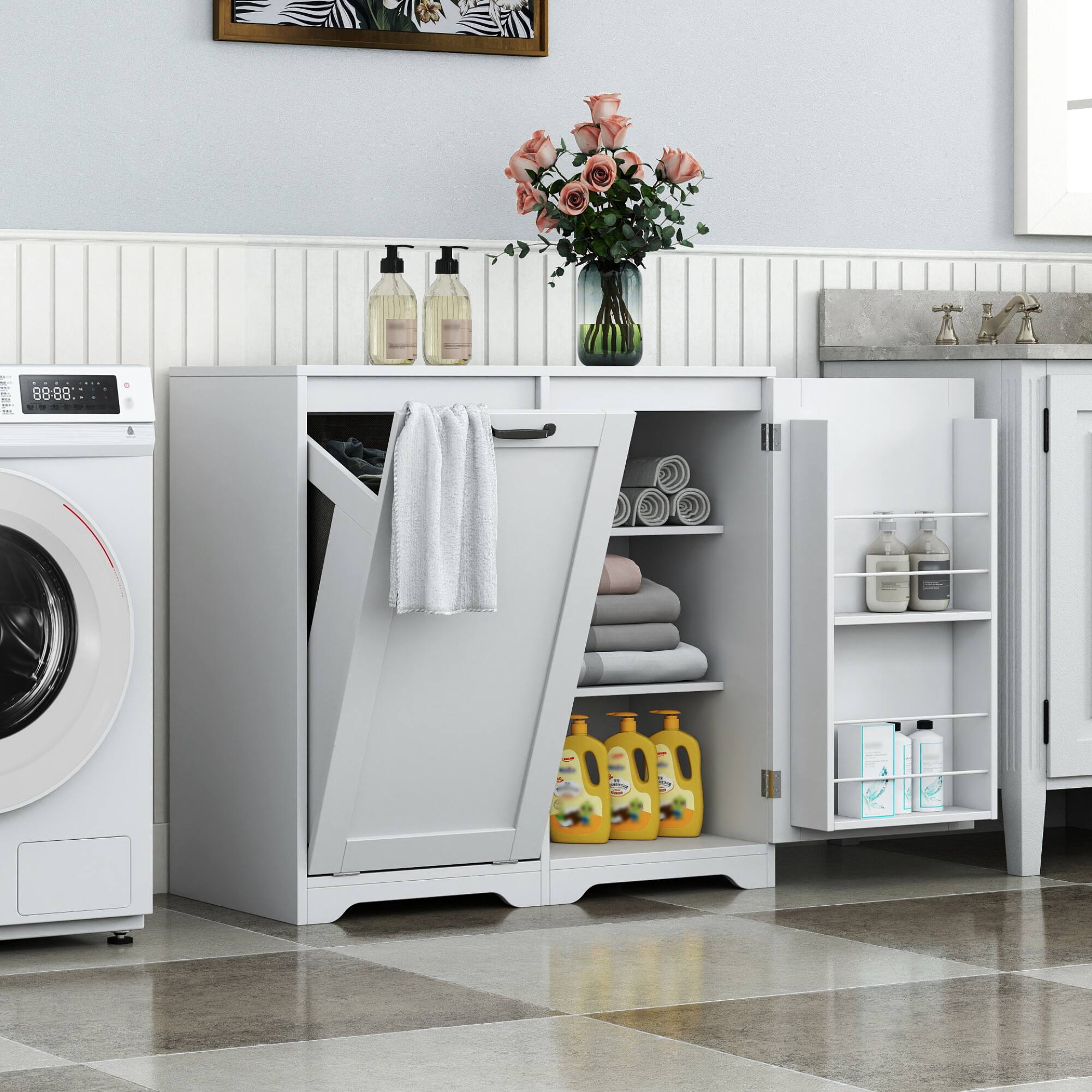 Front. ELEMENT ACE - Freestanding Laundry Cabinet with Adjustable Shelves and Tilt-Out Hamper for Organized Storage - White.