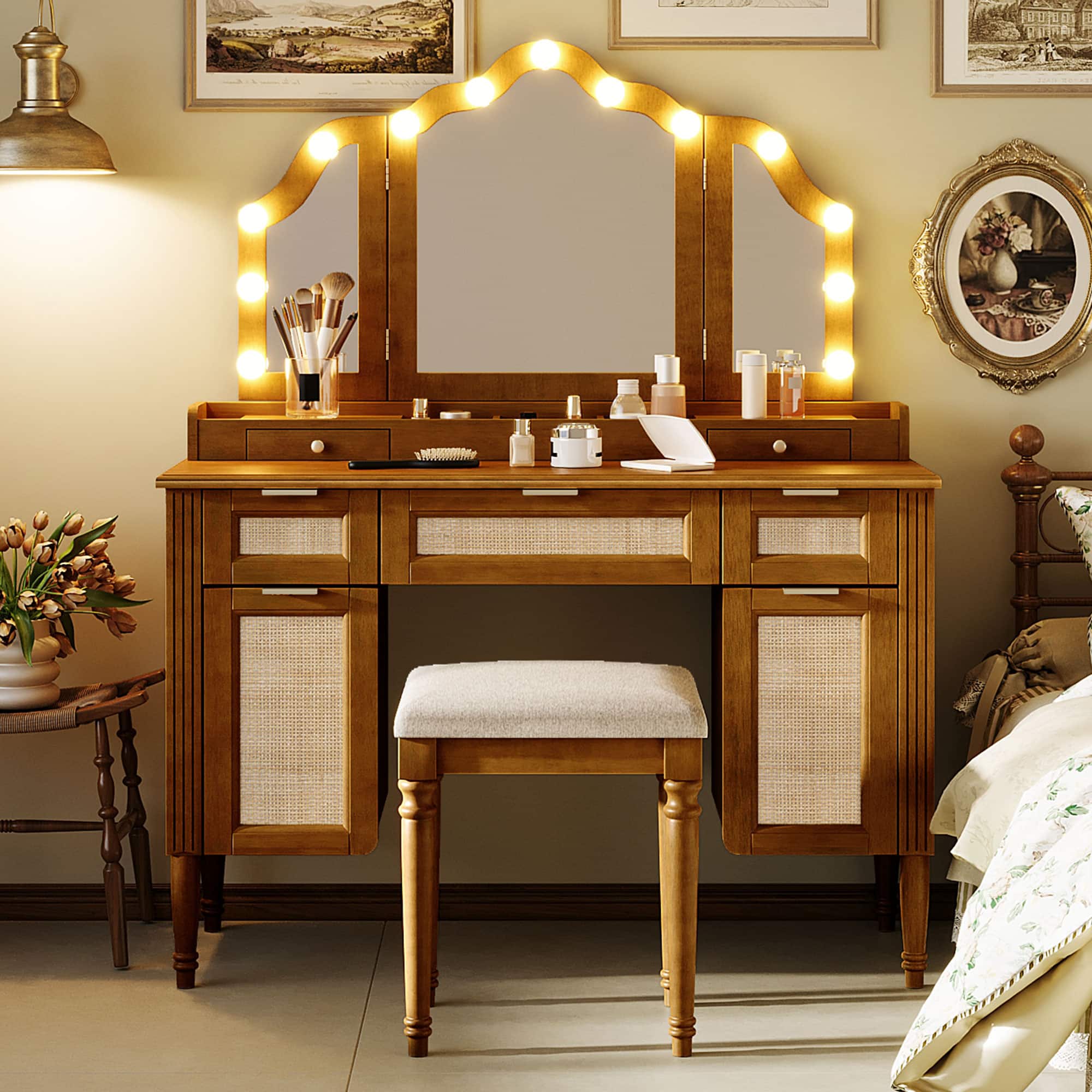 Front. Whisen - Dresser Makeup Vanity Table with Tri-Fold Mirror,13 Hollywood LED Lights,5 Drawers and Charging Station - Espresso.