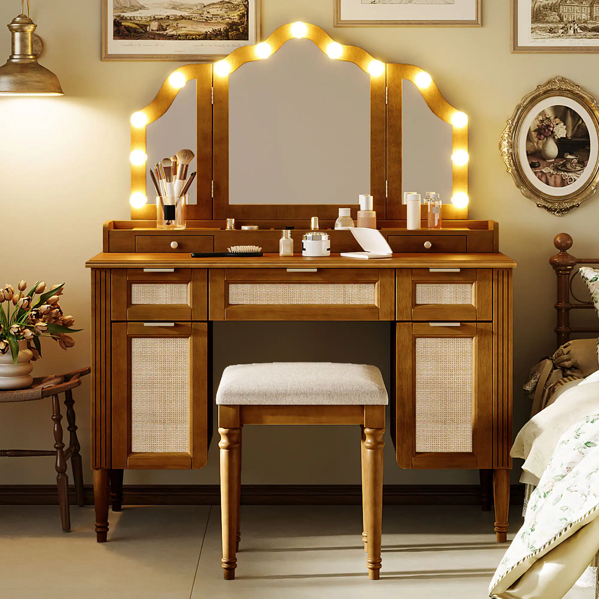Front. Whisen - Dresser Makeup Vanity Table with Tri-Fold Mirror,13 Hollywood LED Lights,5 Drawers and Charging Station - Espresso.