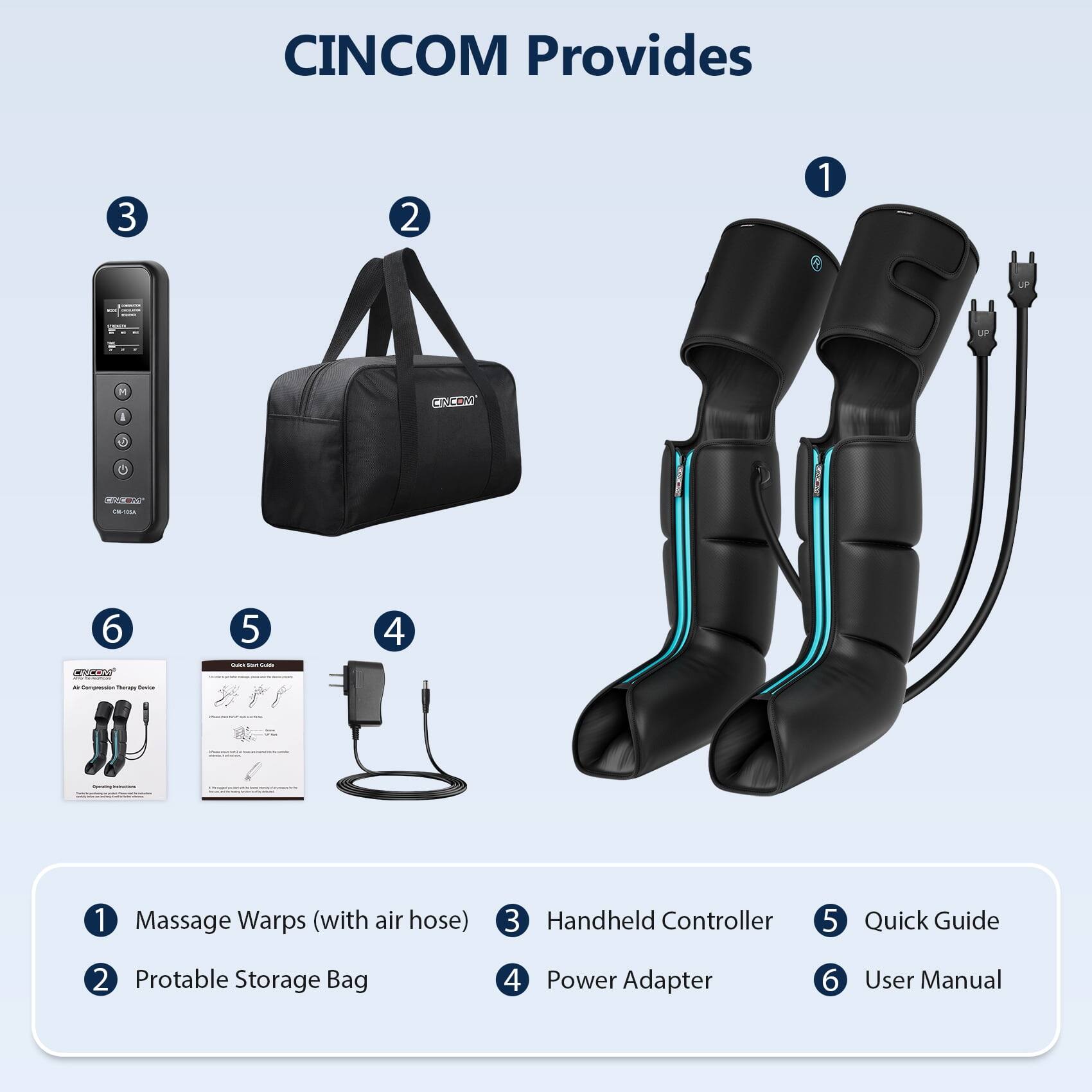 CINCOM Provides

1. Massage Warps (with air hose)
2. Portable Storage Bag
3. Handheld Controller
4. Power Adapter
5. Quick Guide
6. User Manual