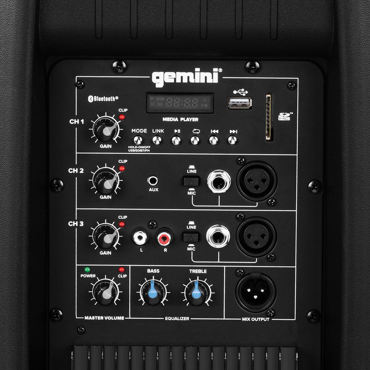 gemini Bluetooth USS 00GOO 11 sD 00.00 FM CLIP CH 1 MEDIA PLAYER MODE LINK Pl 144 H .. GAIN HOD-ON/OFF USB/SDTFM CLIP CH 2 LINE GAIN AUX MIC CH 3 CLIP .. LINE GAIN L R MIC POWER CLIP BASS TREBLE MASTER VOLUME EQUALIZER MIX OUTPUT
