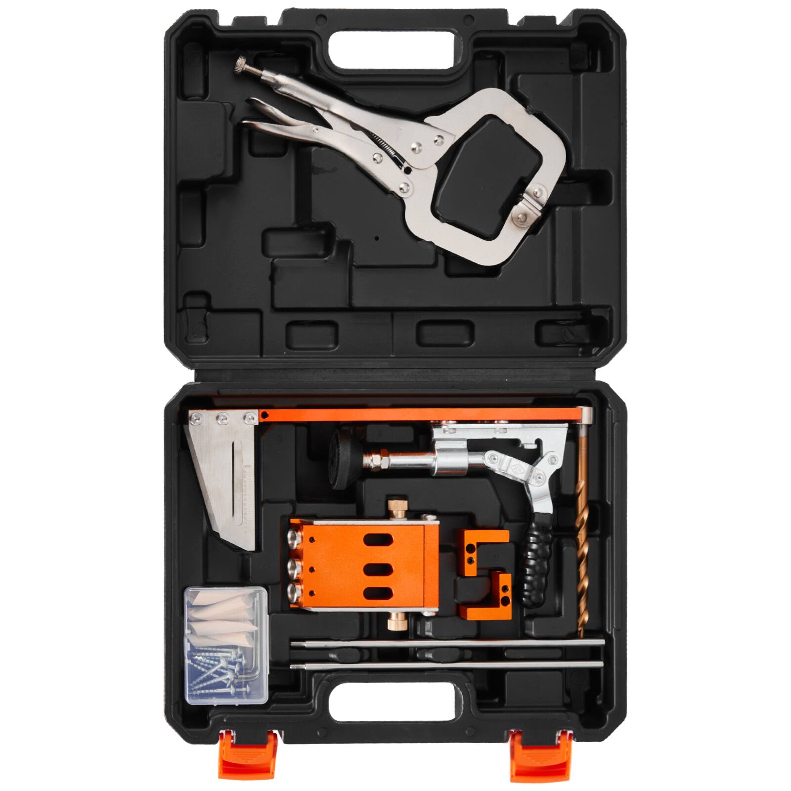 Alt View 5. VEVOR - Pocket Hole Jig Kit, 1/2 to 1-1/2 in Adjustable, Jig Pocket Hole System with Toolcase, C-Clamp, Step Drill, Hex Wrench - Orange.