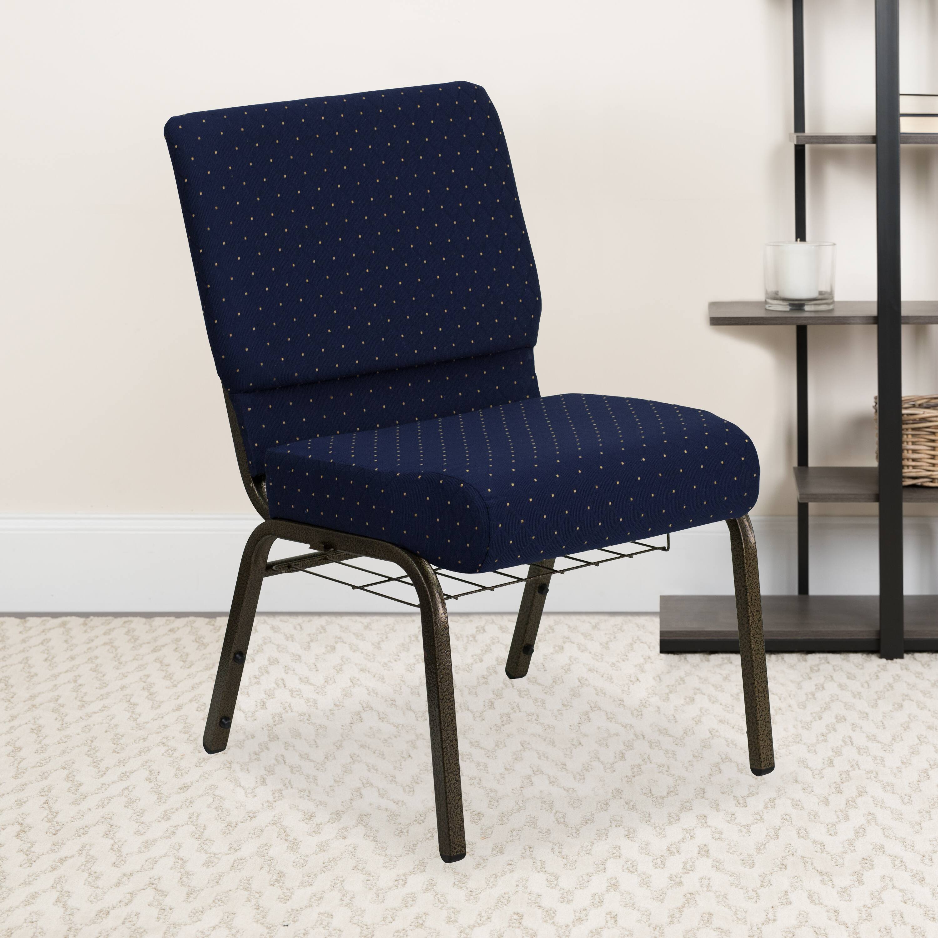 Alt View 1. Emma + Oliver - 21"W Church/Reception Guest Chair with Communion Cup Book Rack - Navy Blue Dot Patterned Fabric/Gold Vein Frame.