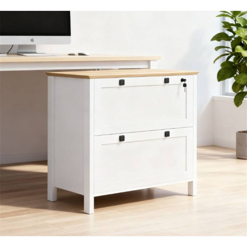 Angle. HTUTWOO - Lateral File Cabinet - Filing Cabinet with Adjustable Hanging Bar, Lockable Top Drawer with Keys for Home and Office - White+Oak.