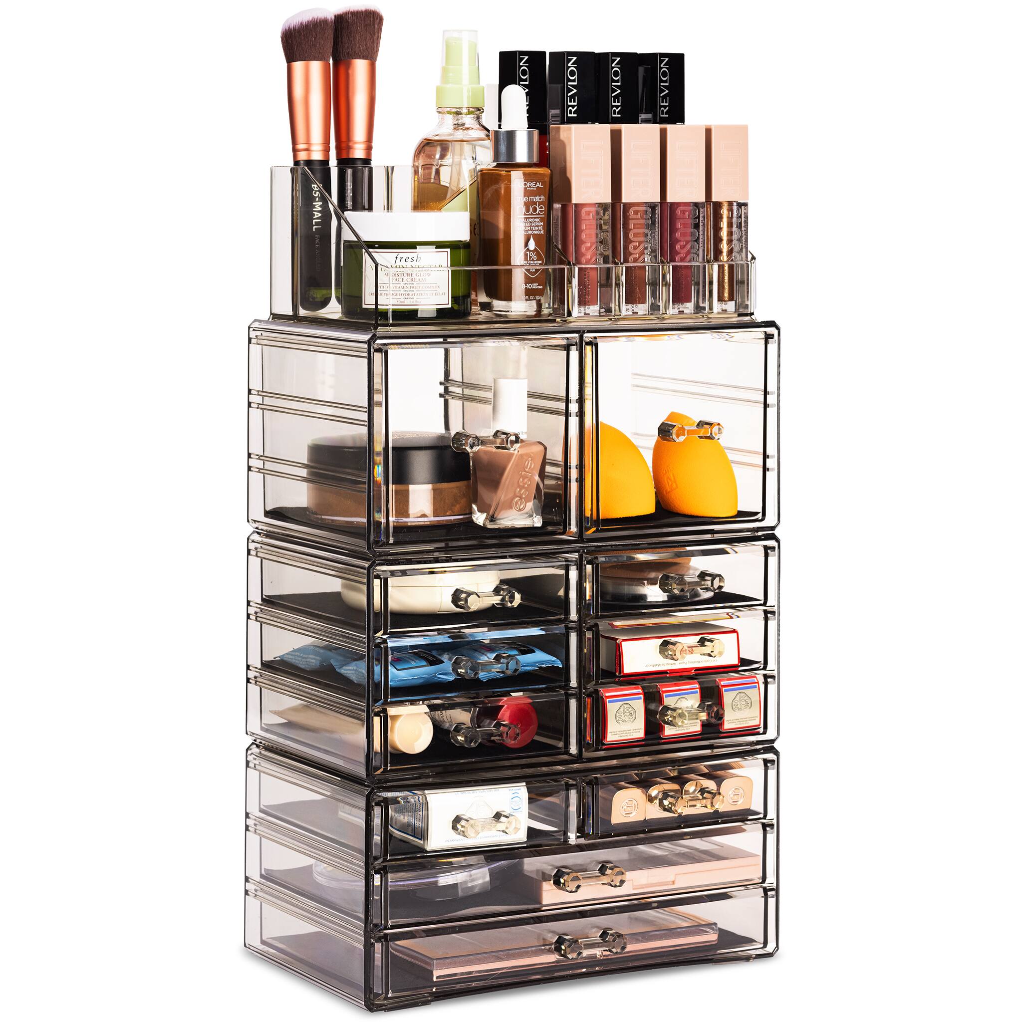 Sorbus - X-Large Clear Makeup Organizer Case - 4 Piece Set (12 Drawers) - Black