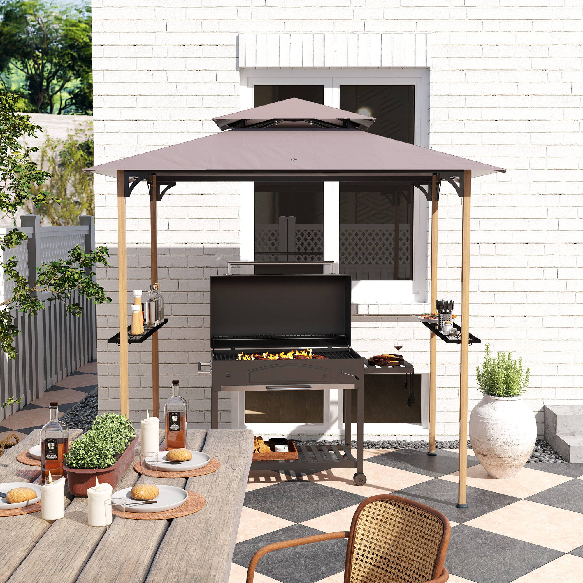 Alt View 8. Outsunny - 8' x 5' Grill Gazebo, Double Tiered Outdoor BBQ Gazebo with 2 Side Shelves and 10 Hooks, UV & Water Resistant - Natural Wood.